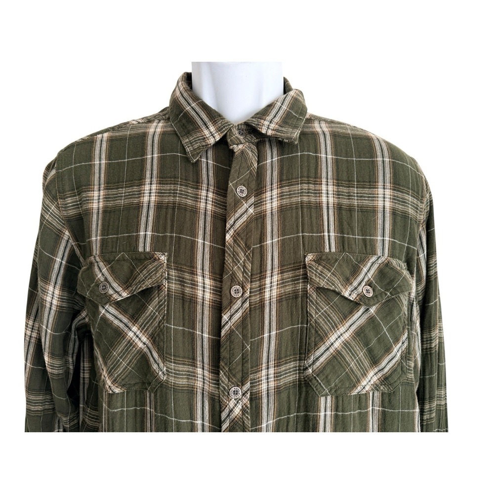 Kuhl Men Shirt M Flannel Plaid Metal Button Pockets Flip Cuff Olive Green
